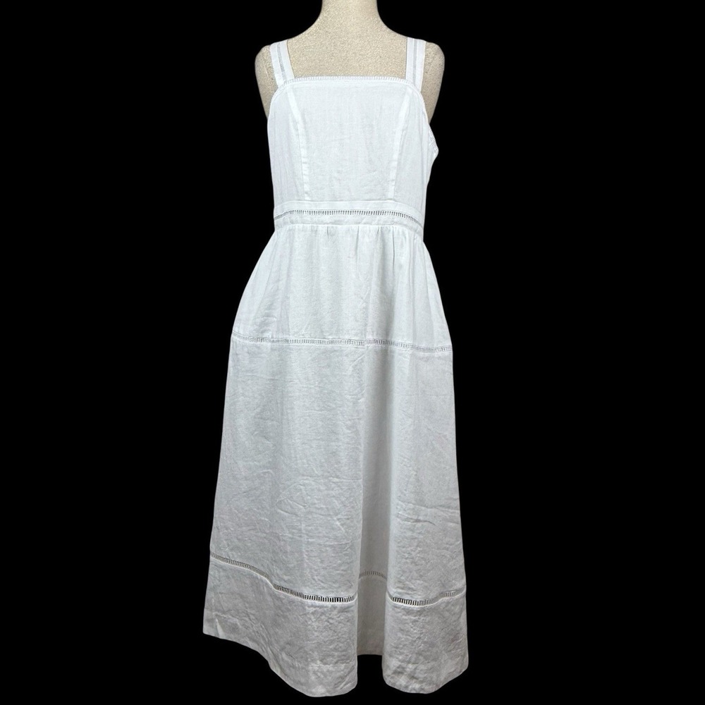 Quince Linen Ladder Stitch Dress Womens L White Dress Minimalist Cottage Prairie